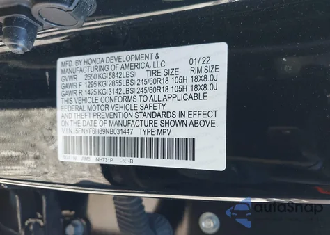 2022 Honda Pilot Awd Trailsport from USA, damaged, VIN 5FNYF6H89NB031447